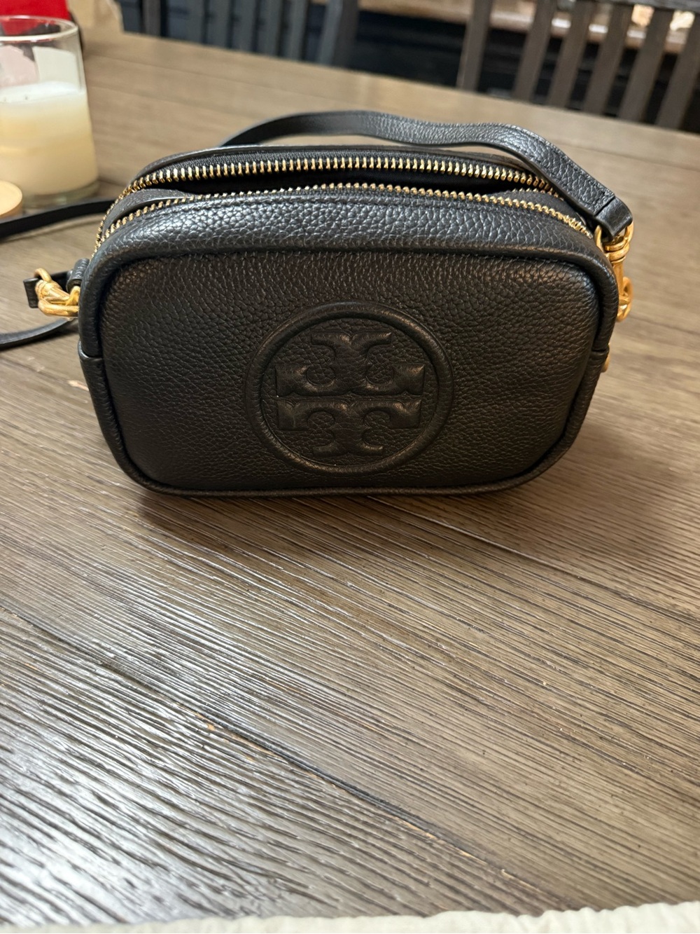 Tory Burxh Black Leather Crossbody Bag with Embossed Logo and card holder